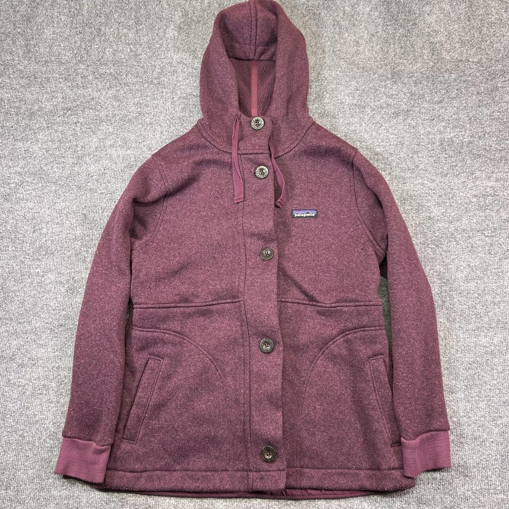 Patagonia Jacket Womens Large Purple Fleece Hooded Button Front Pockets Warm